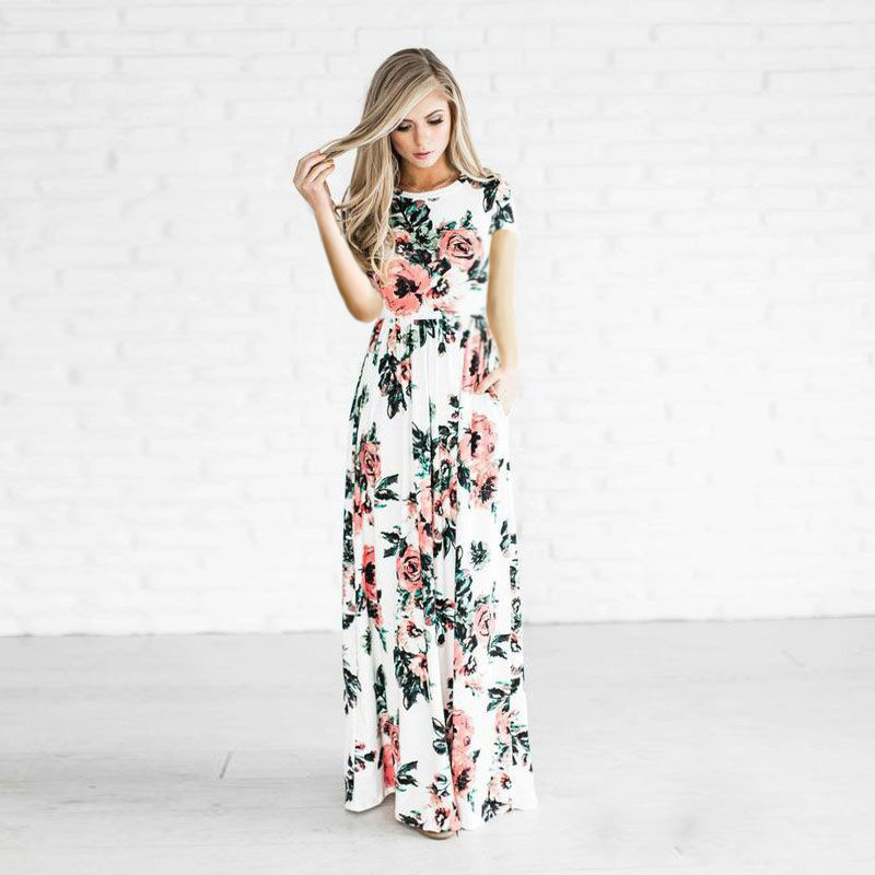 SZ60130-1 Womens T-Shirt Short Sleeve Floral Print Maxi Dress With Pockets